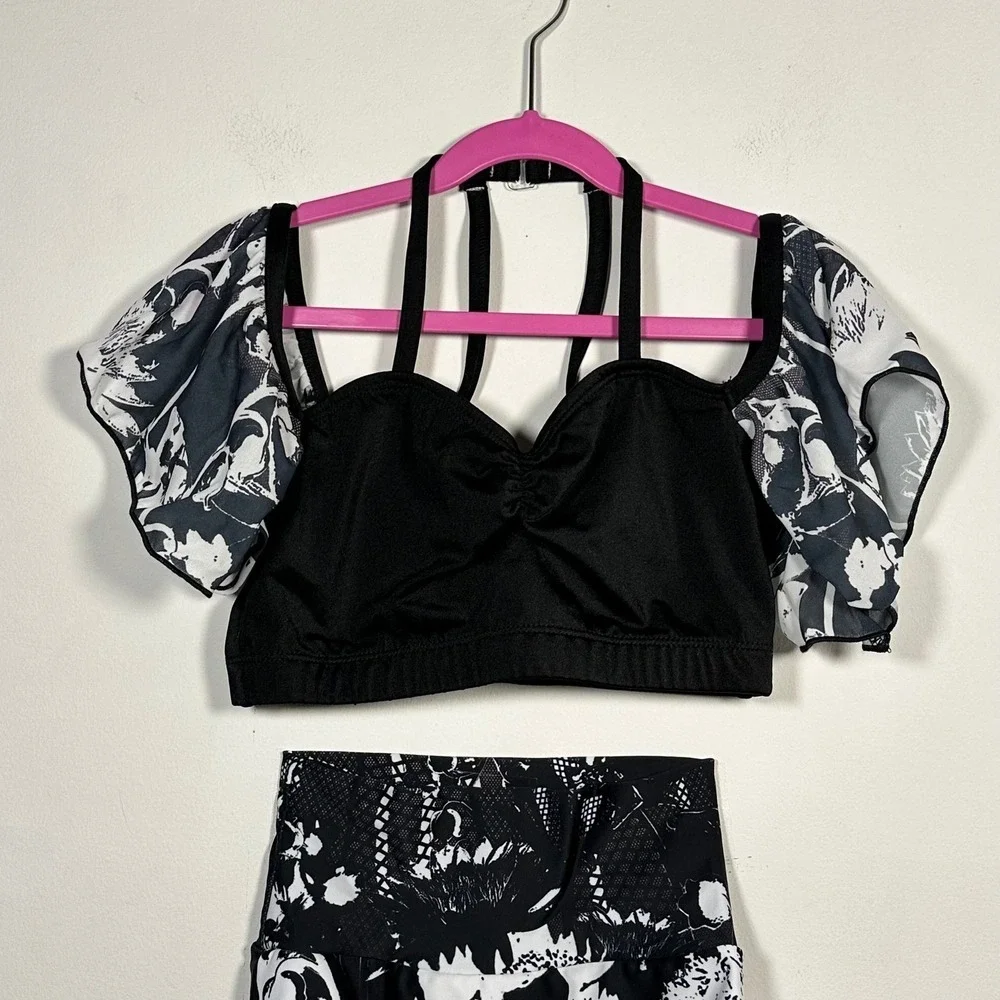 Alexandra Just For Kix Dance Costume Black White Floral Crop Top Briefs adult XS